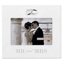 Lawrence Frames  6x4 Ivory Wood Mr. And Mrs. Wedding Picture Frame - Silver Interlocked Rings Ornament with Crystals