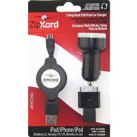 Zipkord 2 Amp Dual USB iPad Car Charger with Sync Cable